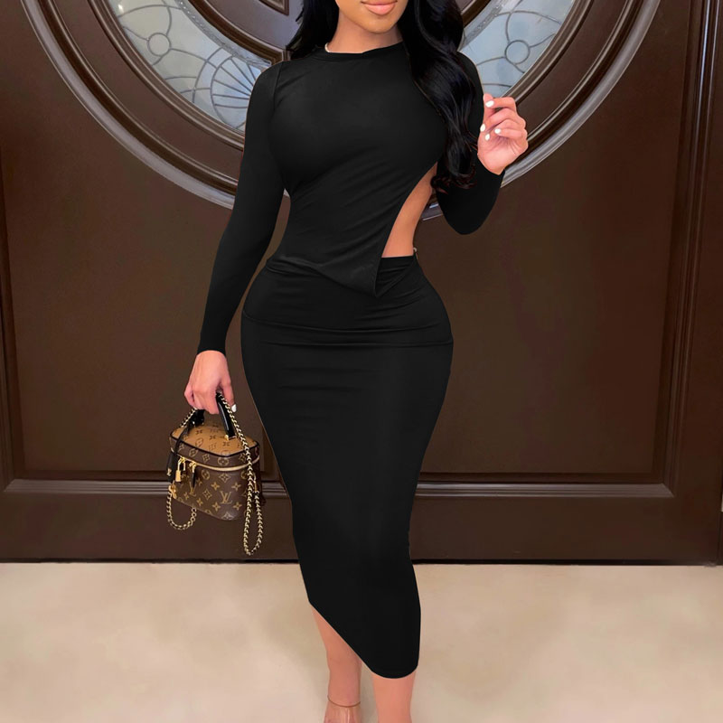 Solid Long Sleeve Slit Backless Top & Skirt Set