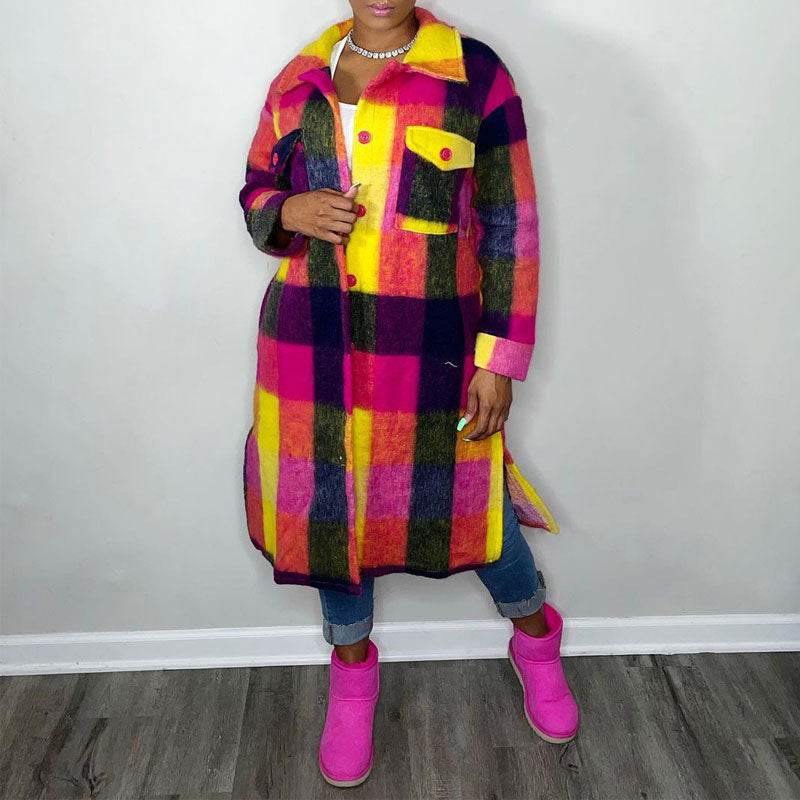 Plaid Pattern Long Sleeve Button Detailed Long Coat