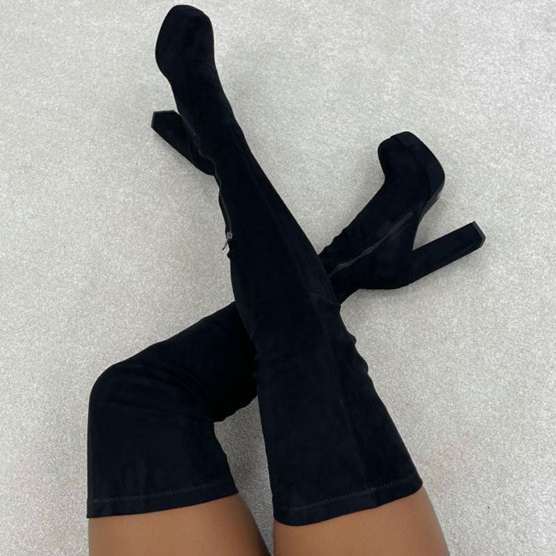 Solid Platform Chunky Heeled Knee-High Boots