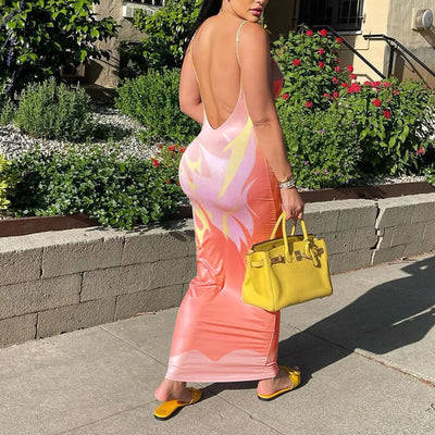 Print U Neck Backless Maxi Dress