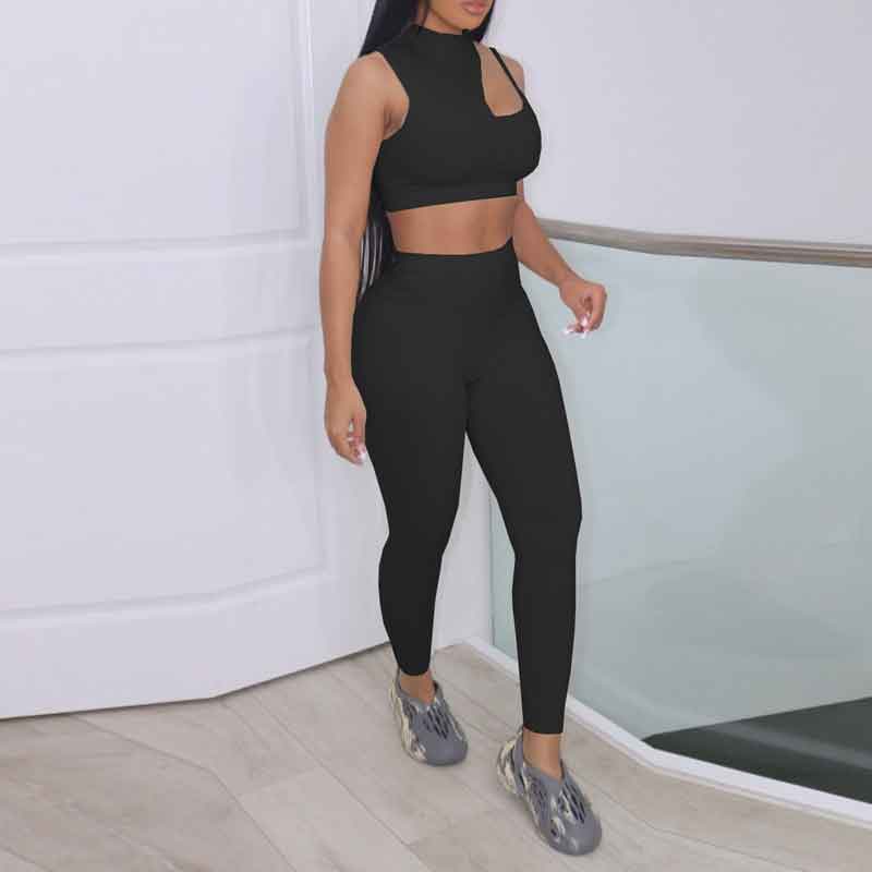 Solid Sleeveless Cut Out Crop Top & Pants Set