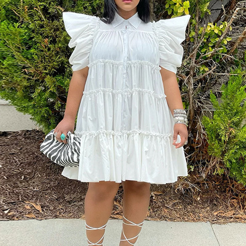 Solid Puff Sleeve Pleated Loose Shirt Dress