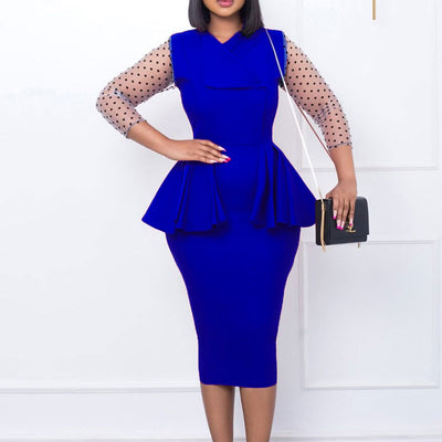 Polka Dot Print Sheer Mesh Patchwork Ruffle Design Midi Dress