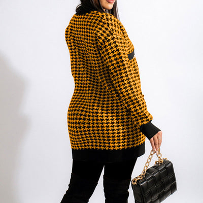 Houndstooth Pattern Long Sleeve Button Detailed Coat