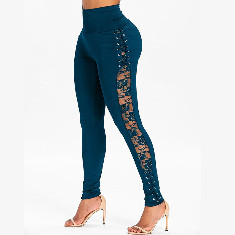 Solid High Waist Lace Patchwork Skinny Pants