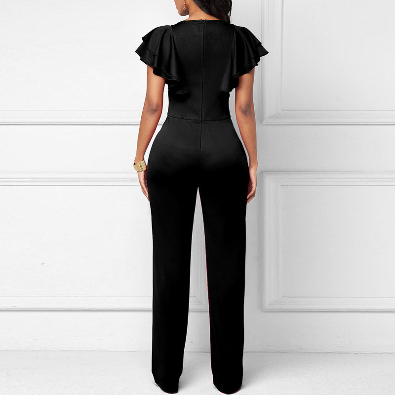 Solid Deep V-Neck Ruffle Design Jumpsuit
