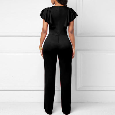 Solid Deep V-Neck Ruffle Design Jumpsuit