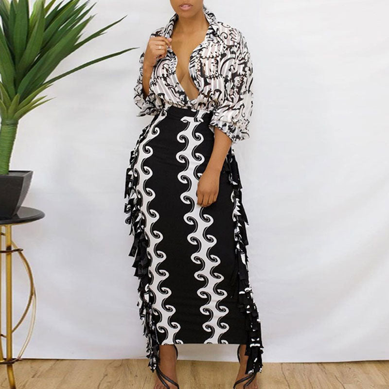 Print Tassel Design High Waist Skirt