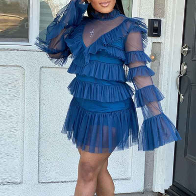 Solid Long Sleeve Ruffle Design Sheer Mesh 2PCS Dress Set