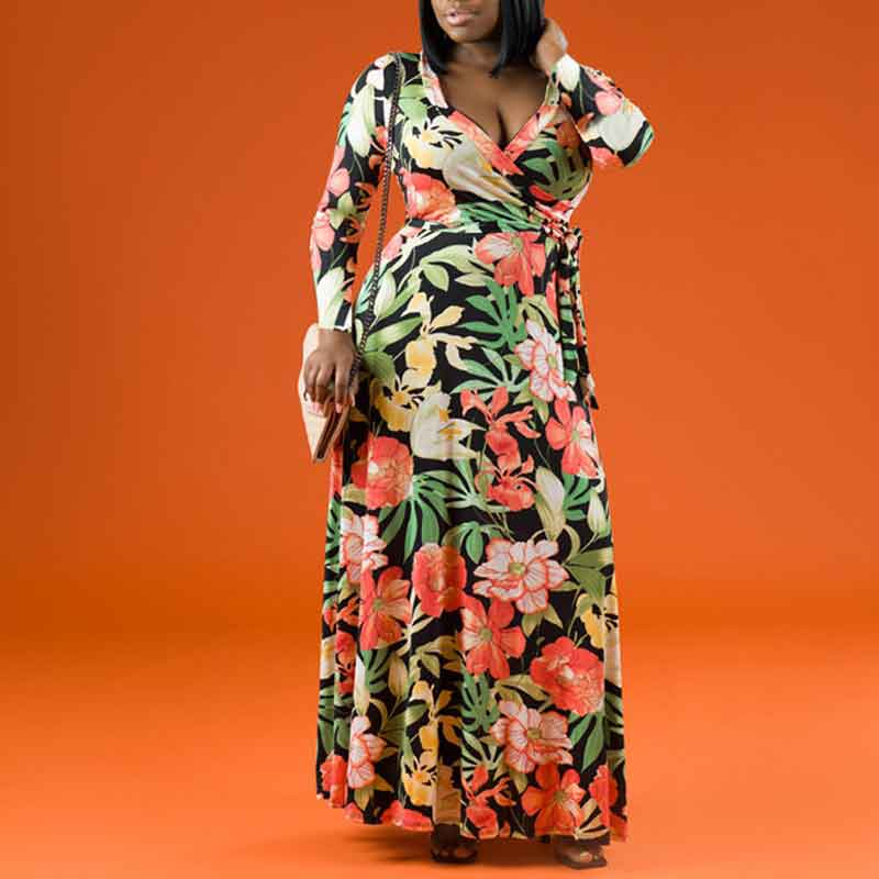 Floral Pattern Deep V-Neck Long Sleeve Maxi Dress