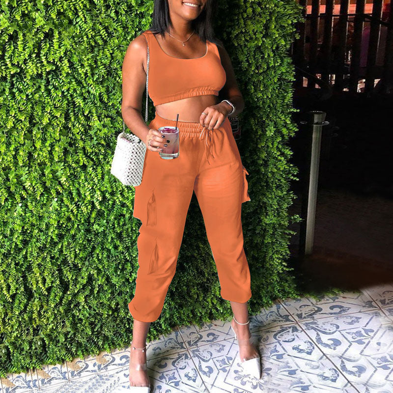 Solid Sleeveless Crop Top & Pocket Design Yoga Sport Set