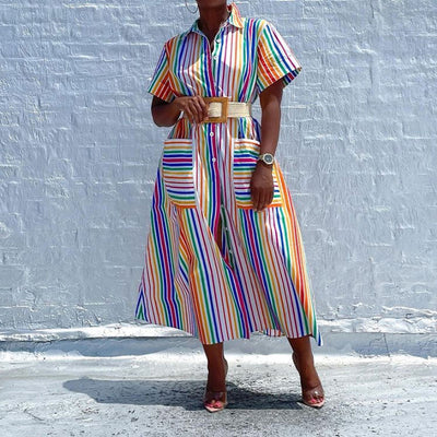 Striped Pattern Short Sleeve Button Detailed Long Blouse