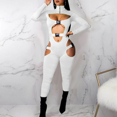 Solid Turtleneck Cut Out Buckle Decoration Jumpsuit