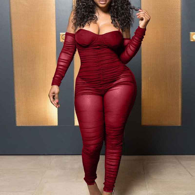 Solid Long Sleeve Off Shoulder Sheer Mesh Jumpsuit