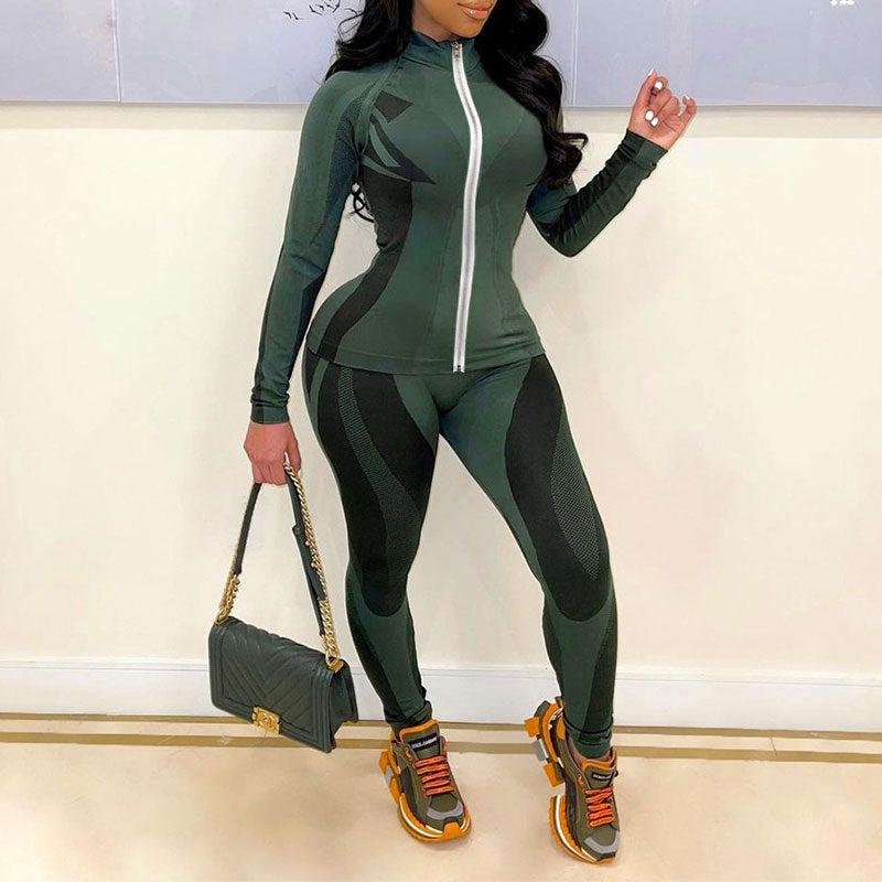 Print Long Sleeve Zipper Design Top & Pants Set