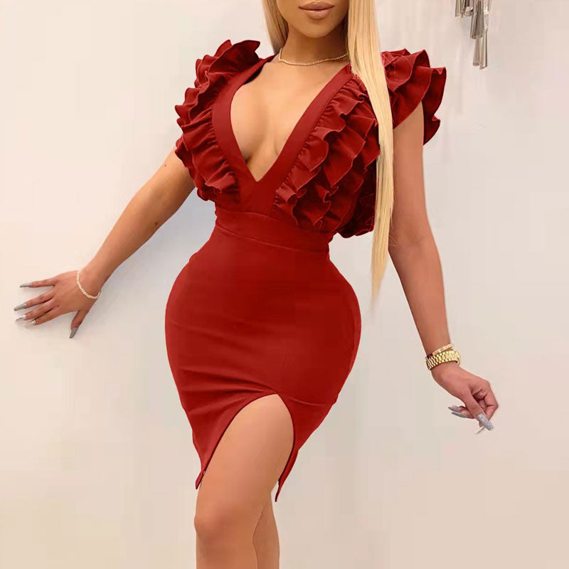 Solid Deep V-Neck Sleeveless Ruffle Design Slit Bodycon Dress
