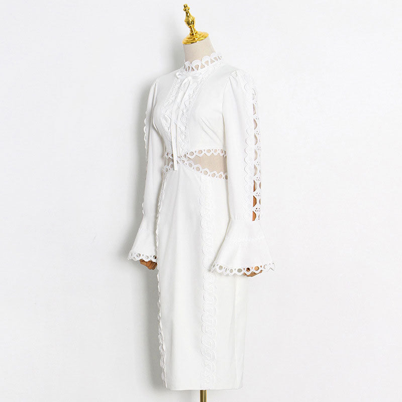 Solid Turtleneck Flared Sleeve Hollow Out Midi Dress