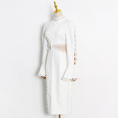 Solid Turtleneck Flared Sleeve Hollow Out Midi Dress