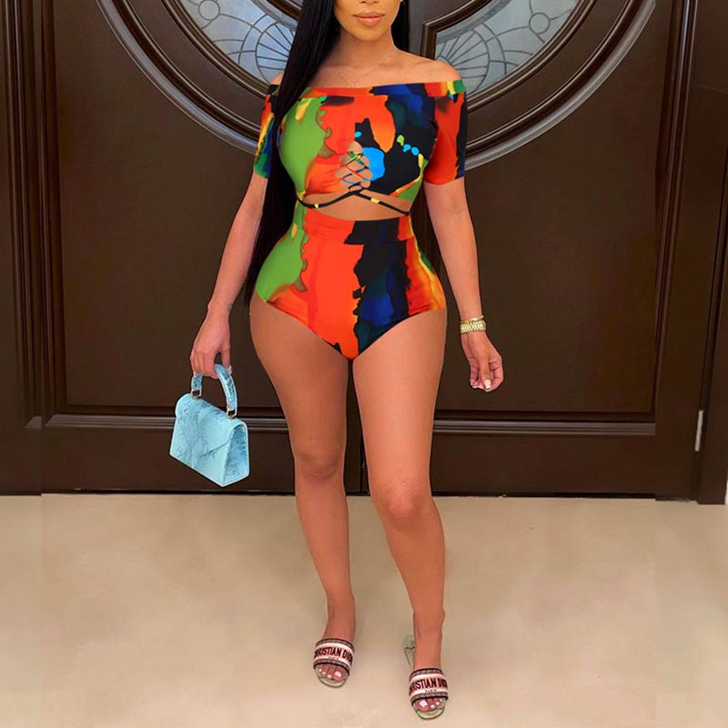 Off Shoulder Print Two Piece Swimsuit Set