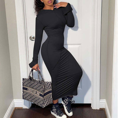 Solid Long Sleeve Hoodie Casual Maxi Dress