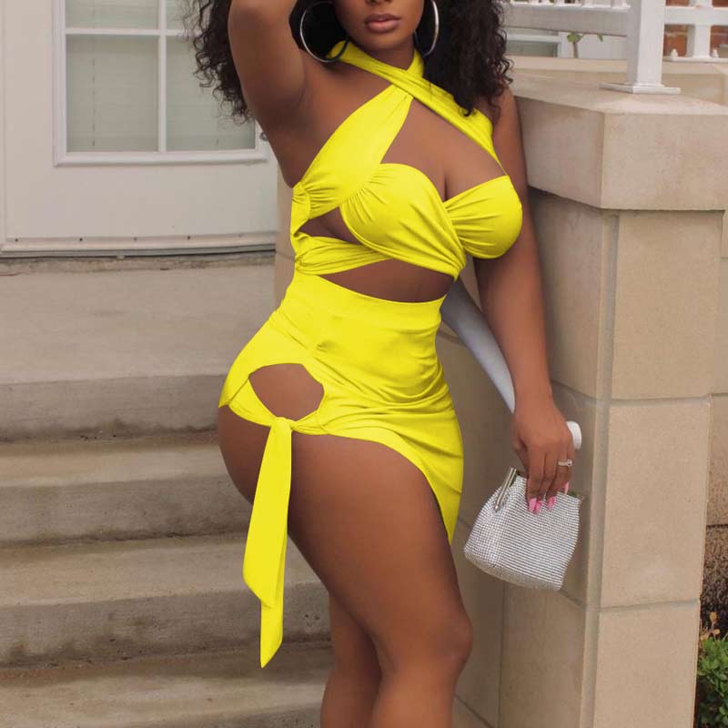 Solid Sleeveless Halter Bandage Skirt Set