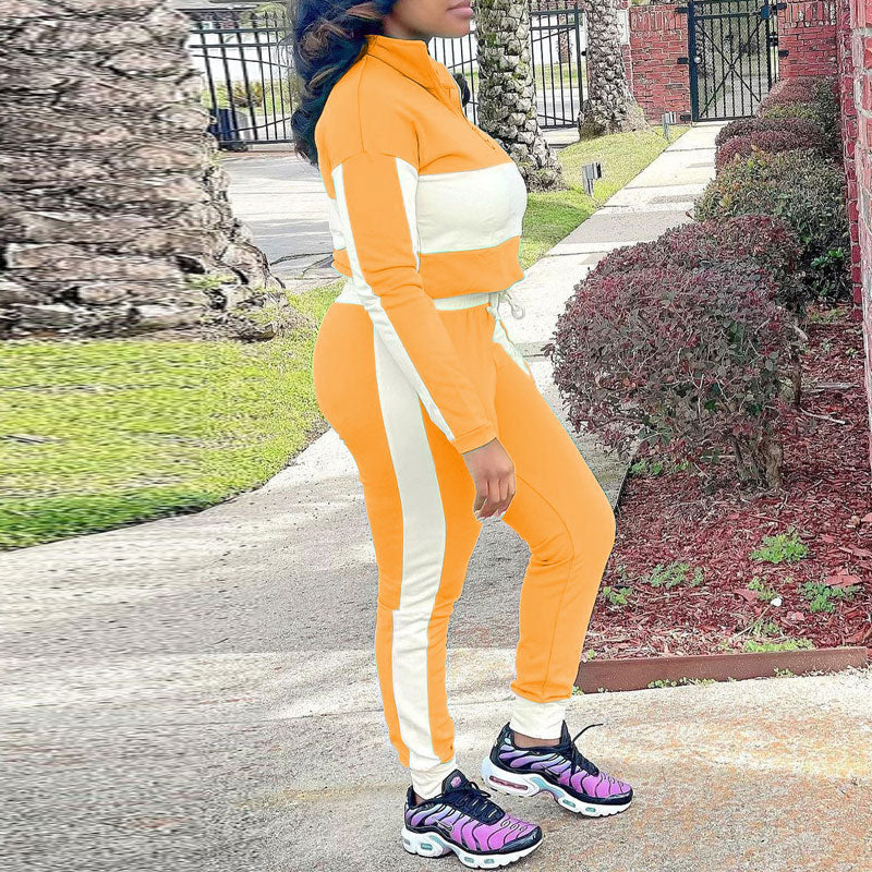 Colorblock Long Sleeve Zipper Design Top & Pants Set