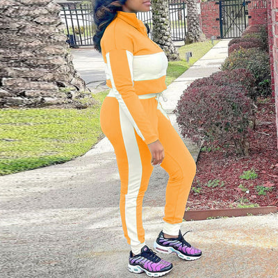 Colorblock Long Sleeve Zipper Design Top & Pants Set