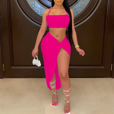 Solid Halter Sleeveless Crop Top & Skirt Set