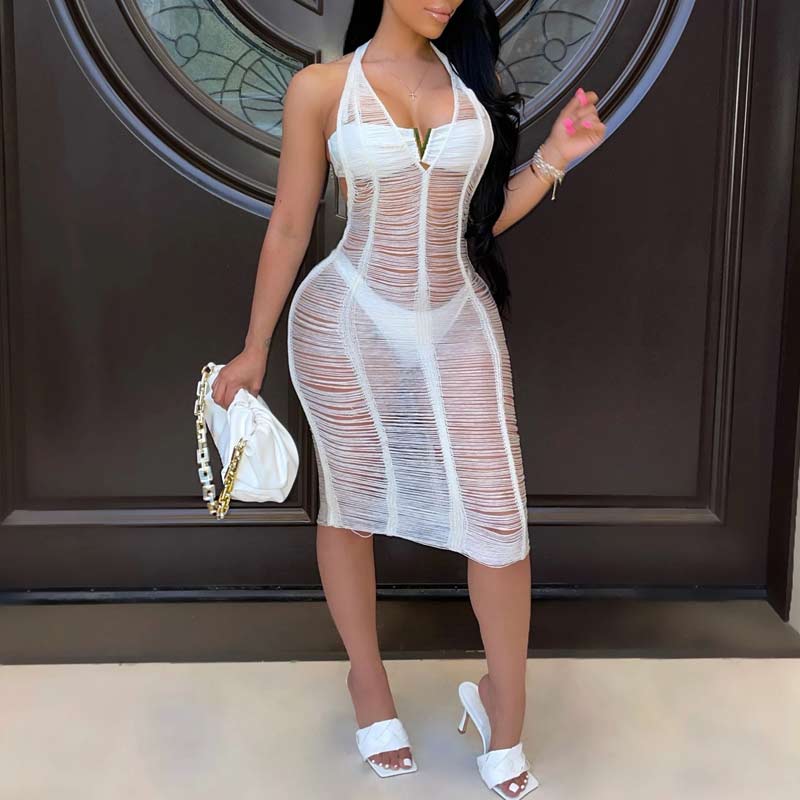 Solid Sleeveless Deep V-Neck Halter Cut Out See Through Dress