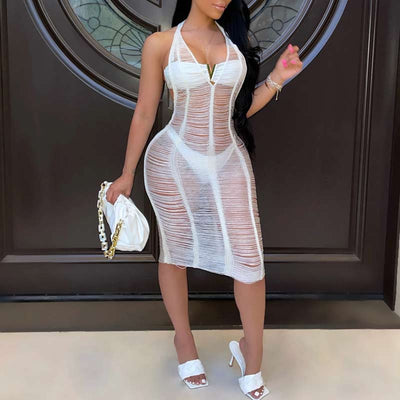 Solid Sleeveless Deep V-Neck Halter Cut Out See Through Dress