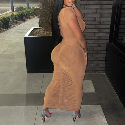 Solid Sheer Mesh Short Sleeve Dress Set