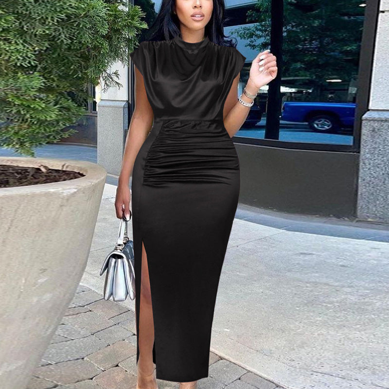 Solid Sleeveless Ruched High Slit Maxi Dress
