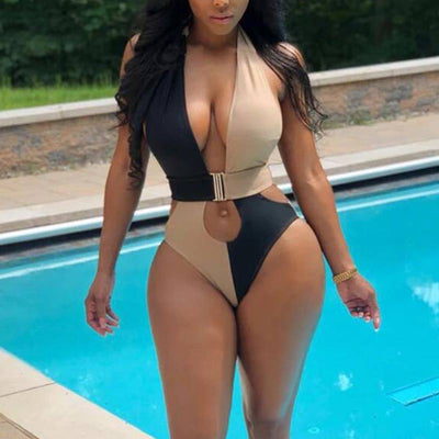 Colorblock Hollow Out One Pieced Swimsuit