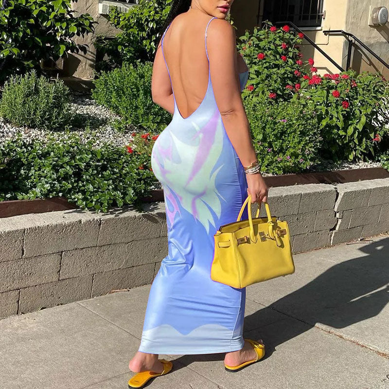 Print U Neck Backless Maxi Dress