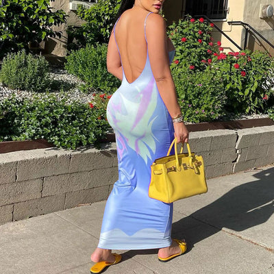 Print U Neck Backless Maxi Dress