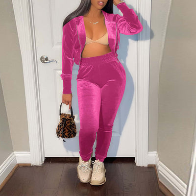 Solid Velvet Hoodie Top & Pants Set