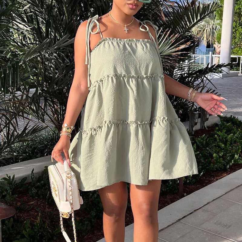 Solid Spaghetti Strap Puffy Mini Dress