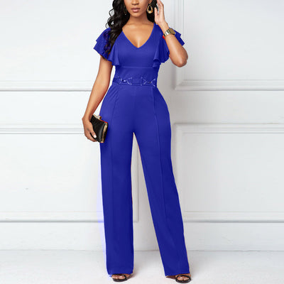 Solid Deep V-Neck Ruffle Design Jumpsuit