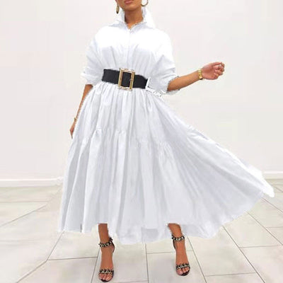 Solid Turndown Neck Long Sleeve Loose Dress Without Belt