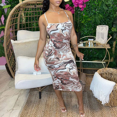 Print Sleeveless Spaghetti Strap Midi Dress