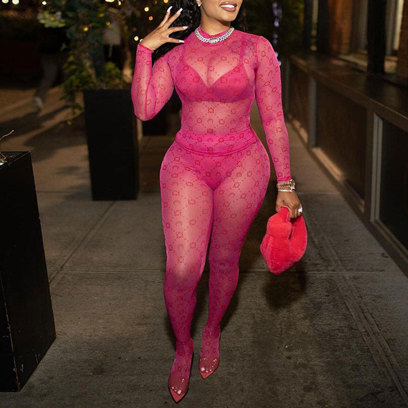 Print Long Sleeve Sheer Mesh Top & Pants Set