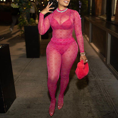 Print Long Sleeve Sheer Mesh Top & Pants Set