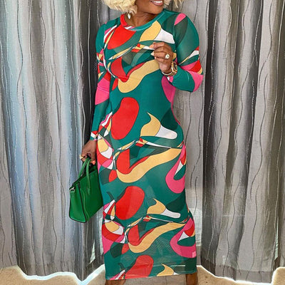 Leopard Pattern Long Sleeve Sheer Mesh Maxi Dress