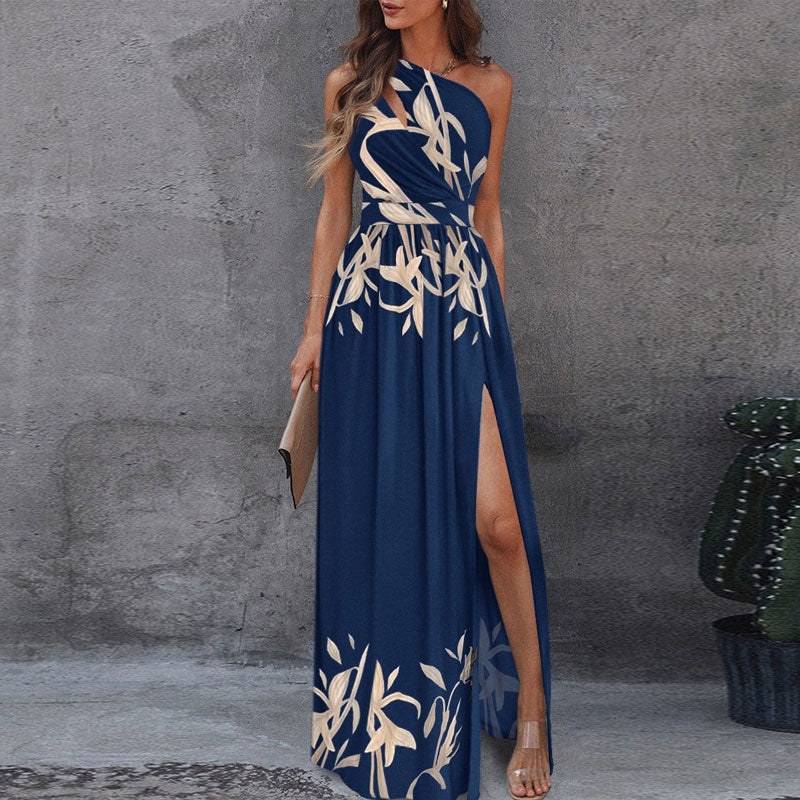 Print Oblique Shoulder Cut Out High Slit Maxi Dress