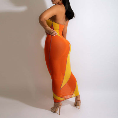 Print Sleeveless Halter Sheer Mesh Midi Dress