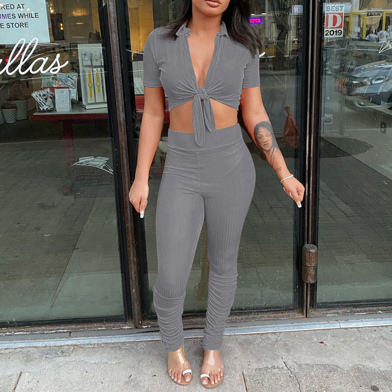 Solid Ribbed Short Sleeve Top & Pants Set