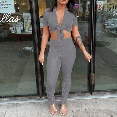 Solid Ribbed Short Sleeve Top & Pants Set