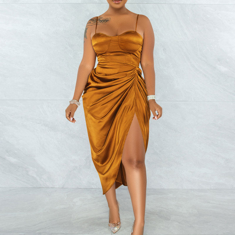 Solid Sleeveless Ruched Midi Dress