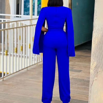 Beaded Square Neck Slit Sleeve Wide Leg Jumpsuit With Belt