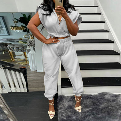 Solid Sleeveless Hoodie Top & Pants Set
